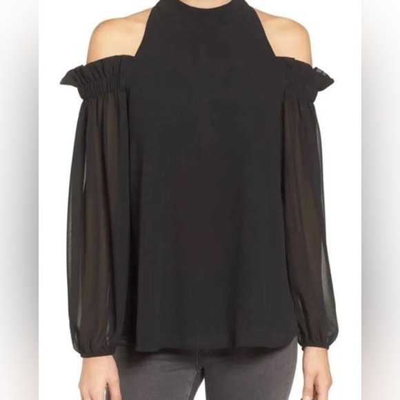 Trouve Tops - Trouve Off The Shoulder Chiffon Blouse Black Size Small